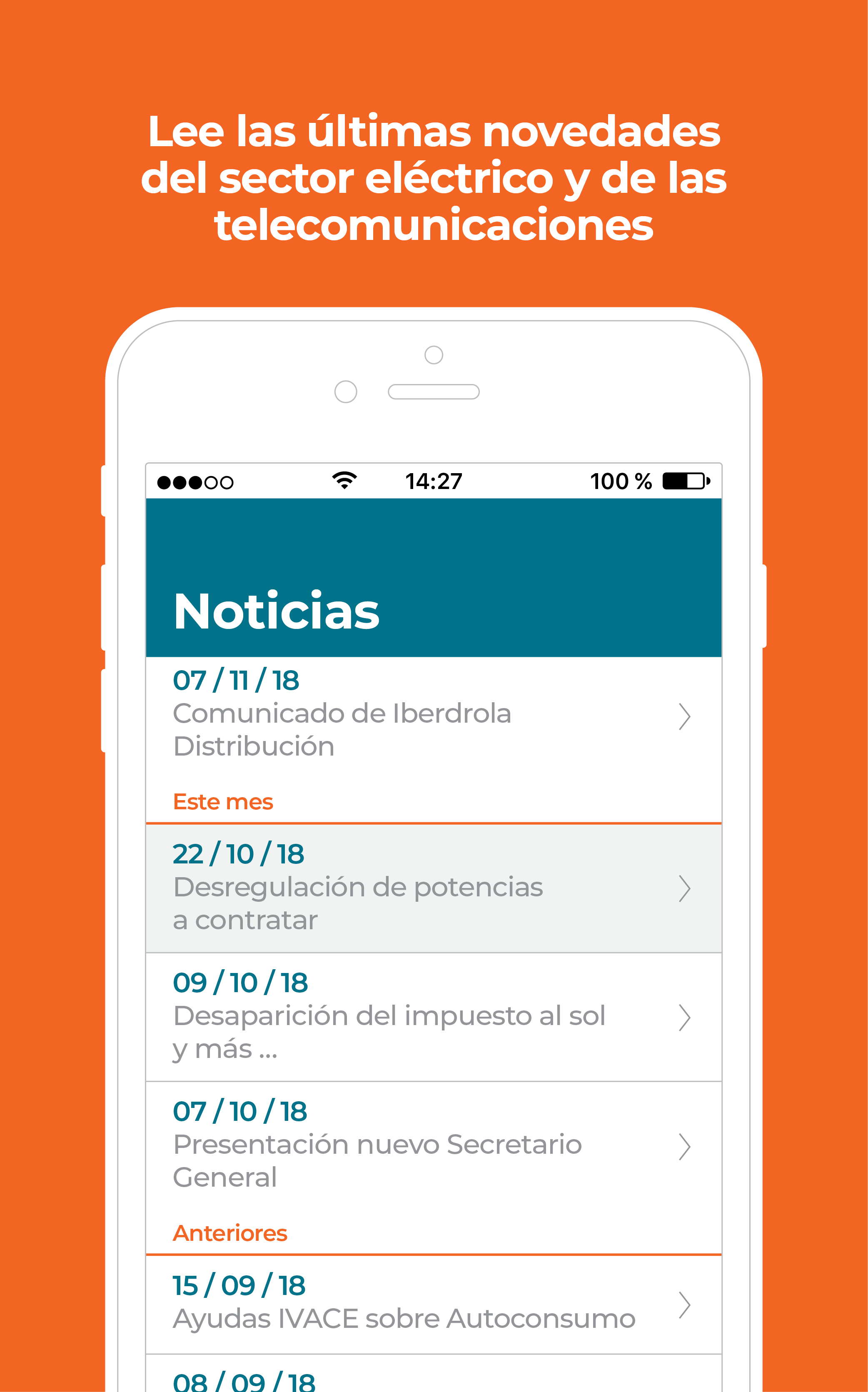 Pantalla de Noticias en la APP Lee las últimas novedades del sector eléctrico y de las telecomunicaciones