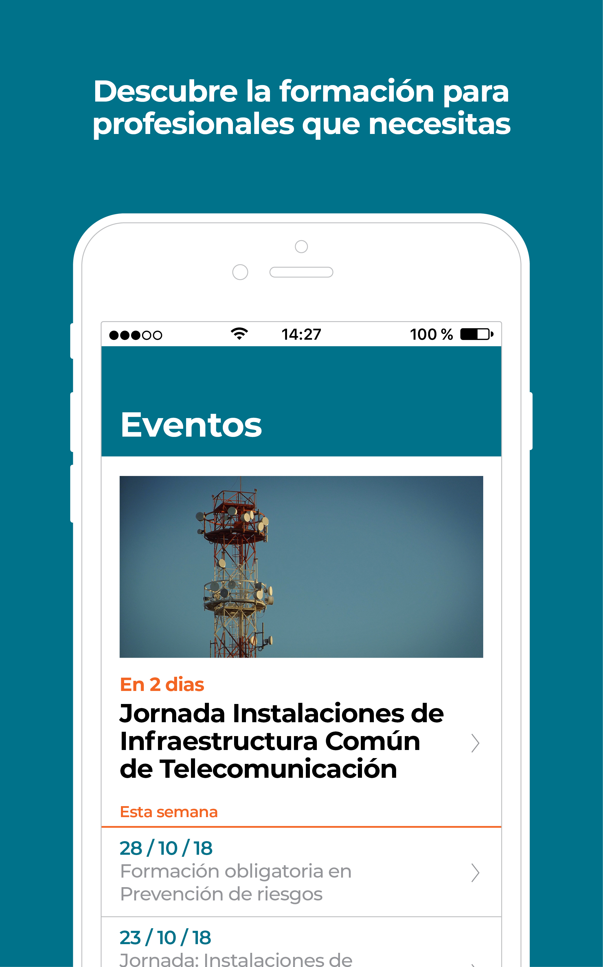 Pantalla de Eventos en la APP Descubre la formación para profesionales que necesitas