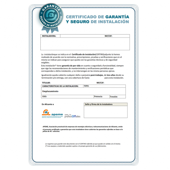 Certificado de garantía y seguro de instalación