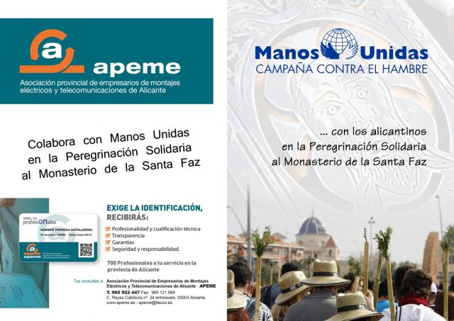 Cara exterior Folleto APEME y Manos Unidas peregrinación Santa Faz