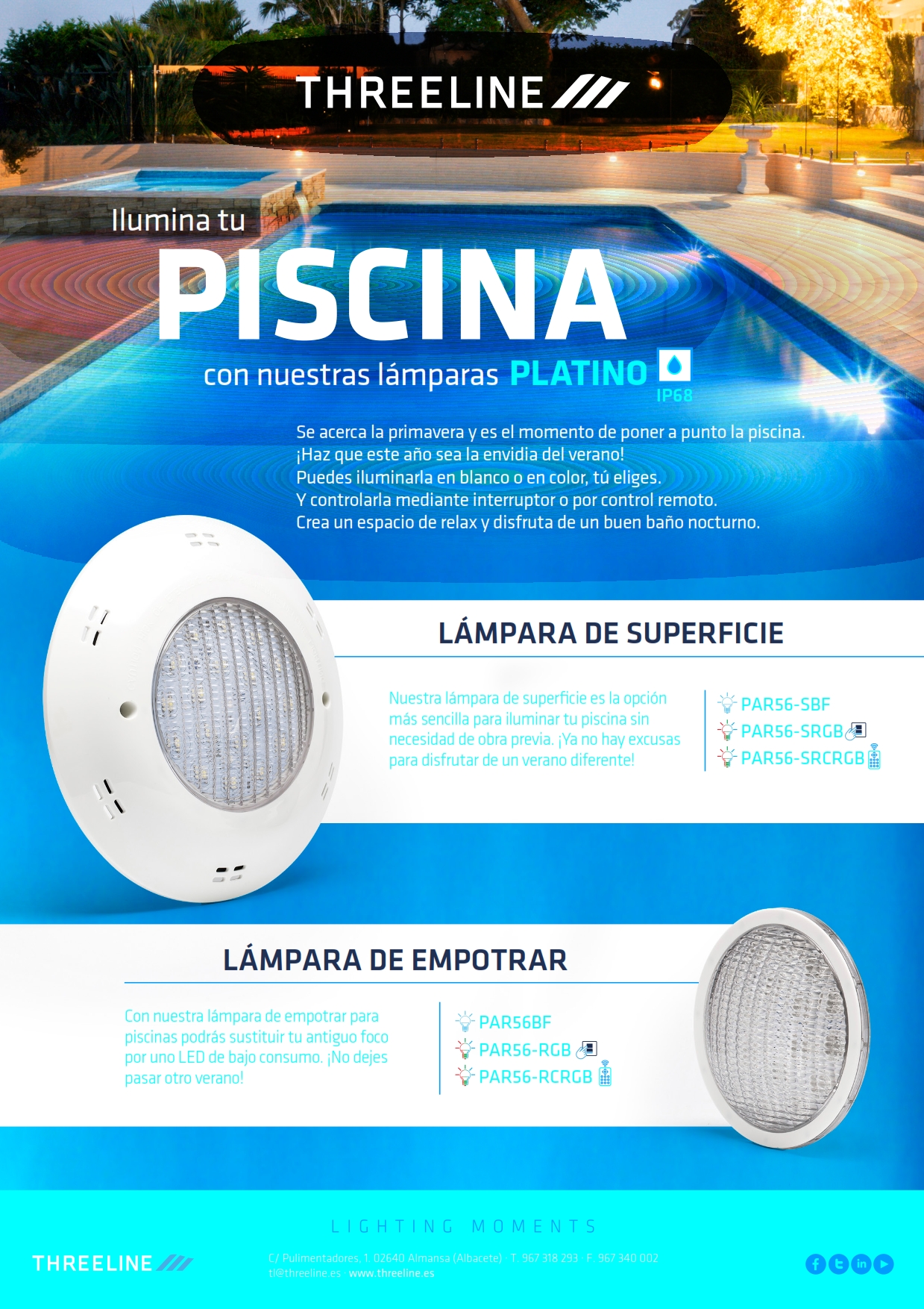 Ilumina tu piscina con las lámparas platino Threeline