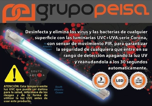 Desinfecta y elimina los virus y las bacterias con las luminarias UVC+UVA serie Corona. ¡¡Grupo Peisa y Gealed velan por tu seguridad!!